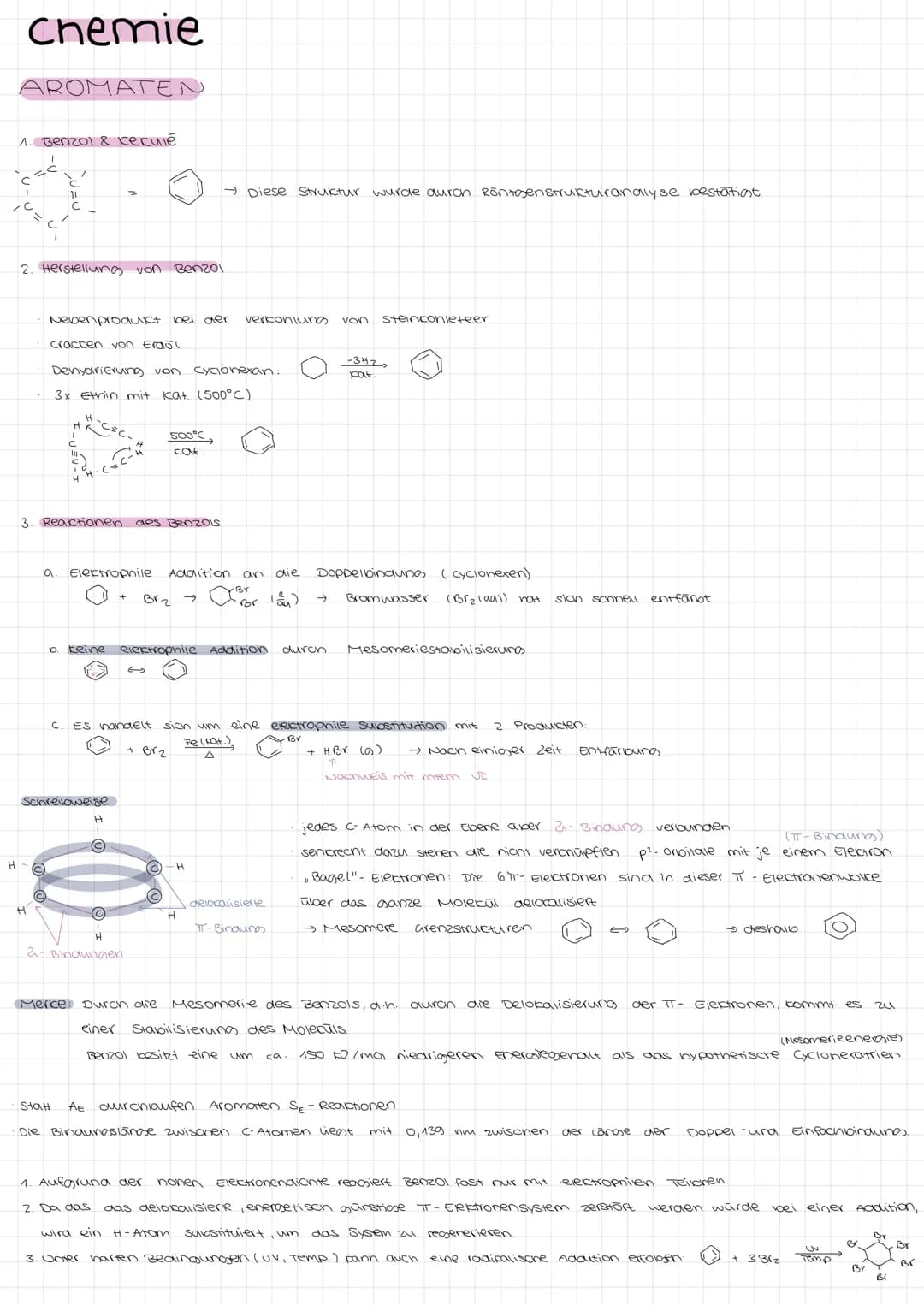 H
Chemie
AROMATEN
1. Benzol & keculé
C
1
2. Herstellung von Benzol
11
H
3. Reaktionen des Benzols
Nebenprodukt bei der verkoniung von Steinc