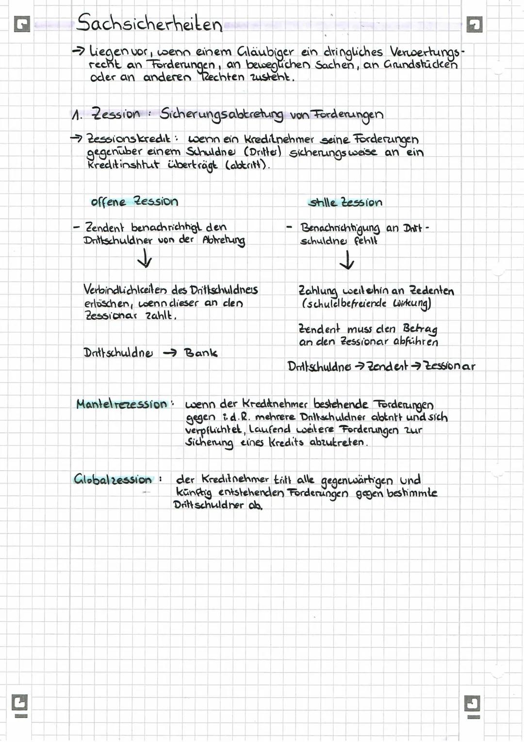 IG
Kreditsicherheiten
Sachsicherheiten aus dem Vermögen des Kreditnehmers
Zession: Abtretung oder Verpfändung von Forderungen
Sicherungsüber