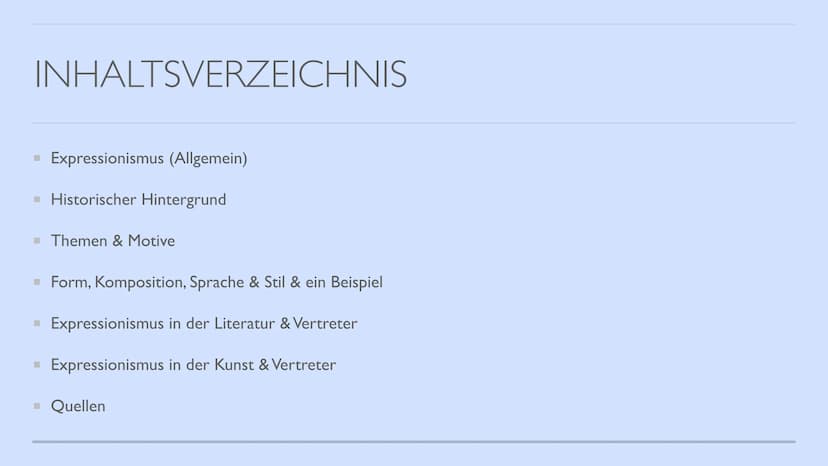 EXPRESSIONISMUS
von Hannah INHALTSVERZEICHNIS
▪ Expressionismus (Allgemein)
▪ Historischer Hintergrund
Themen & Motive
▪ Form, Komposition, 