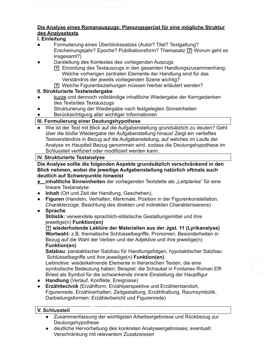 Die Analyse eines Romanauszugs: Planungsgerüst für eine mögliche Struktur
des Analysetexts
I. Einleitung
●
Formulierung eines Überblickssatz