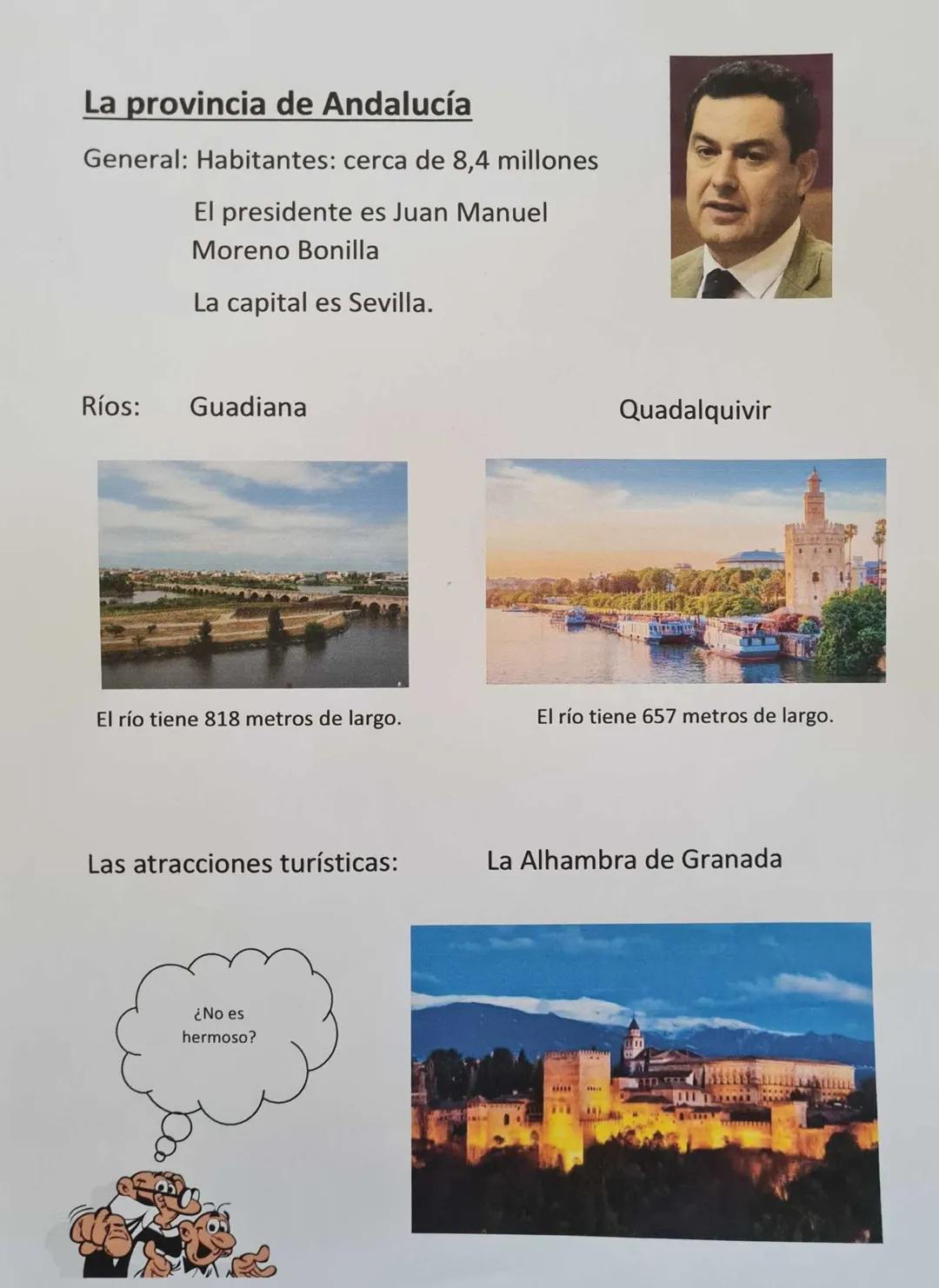 La provincia de Andalucía
General: Habitantes: cerca de 8,4 millones
El presidente es Juan Manuel
Moreno Bonilla
La capital es Sevilla.
Ríos