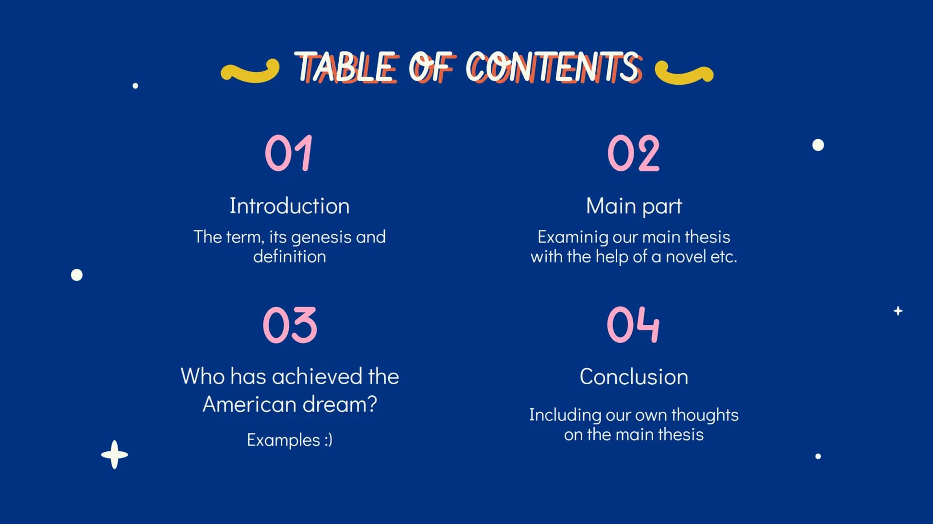 
<h2 id="introduction">Introduction</h2>
<p>The American dream - A dream or an illusion? Iva, Nele, Noah<br />
Good morning everyone. Many t