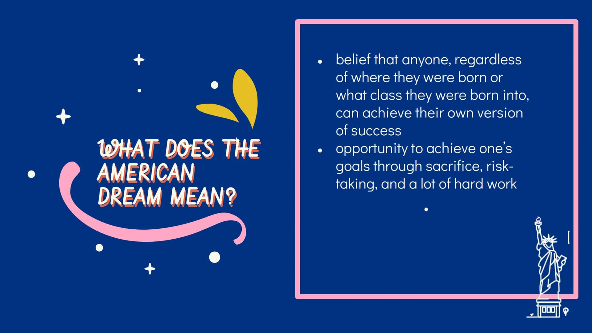 
<h2 id="introduction">Introduction</h2>
<p>The American dream - A dream or an illusion? Iva, Nele, Noah<br />
Good morning everyone. Many t