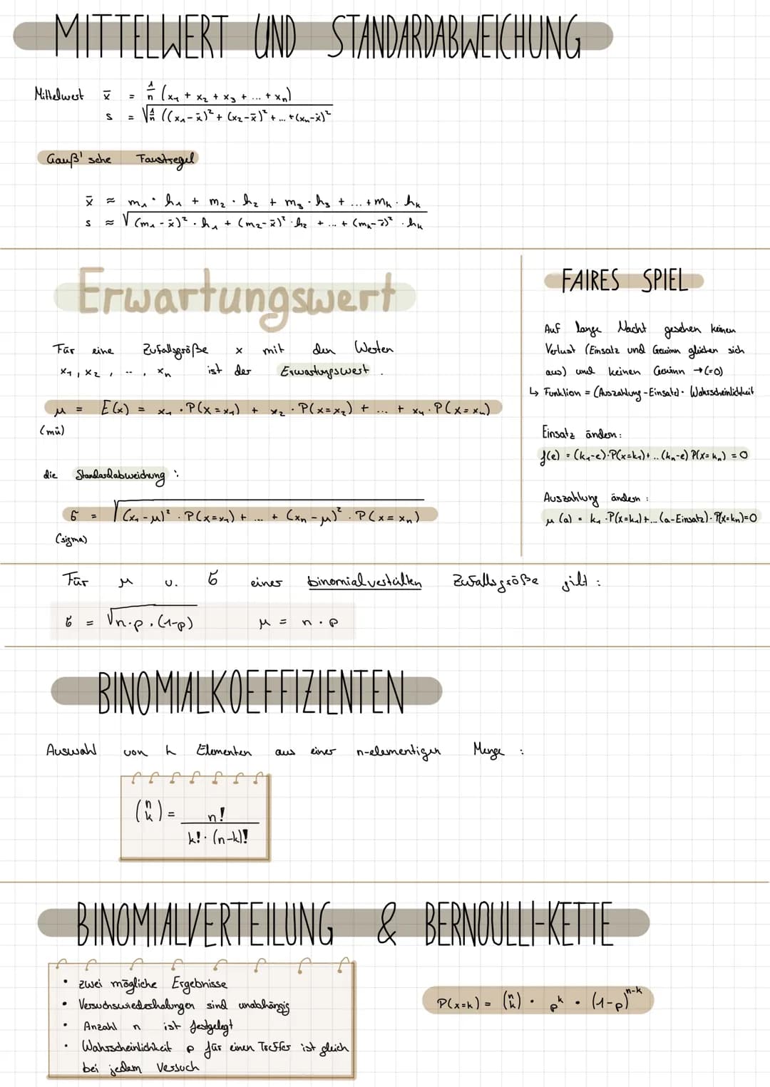 MITTELWERT UND STANDARDABWEICHUNG
^ (x₂ + x₂ + x₂ + ... + xn)
√ ₁ ((x₁ - x)² + (x₂-x)² + ... + (x₂-x) ²
=
Mittelwert
Gauß sche
Far
μ =
(mü)
