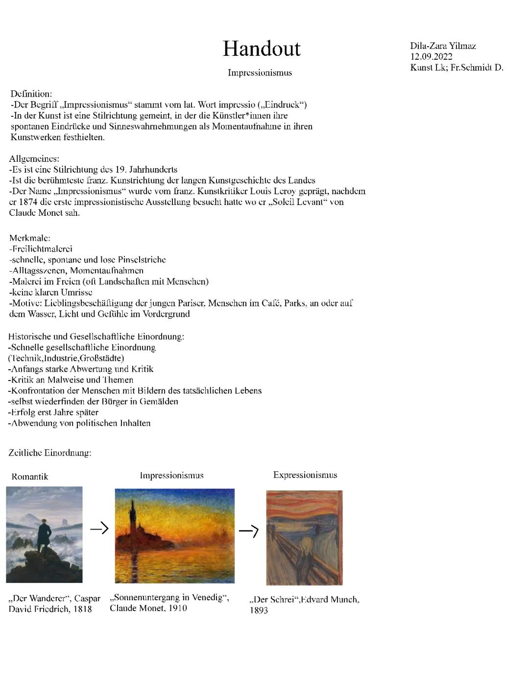 Impressionismus Handout 