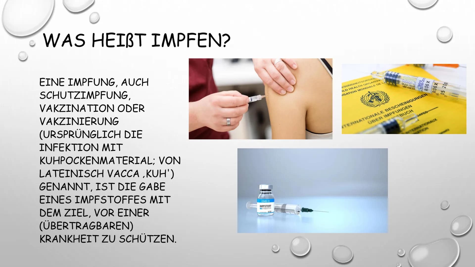 
<p>Was bedeutet Impfen?<br />
Eine Impfung, auch Schutzimpfung oder Vakzination (ursprünglich die Infektion mit Kuhpockenmaterial; von Late