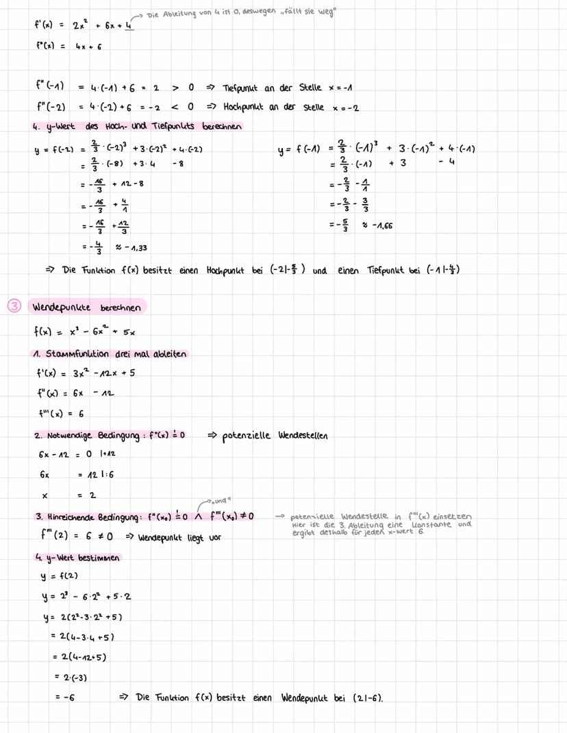 1.
Grenzverhalten
Nullstellen berechnen ax²+bx+c = 0
1. Ableitung bilden
f'(x)= 3x²+2·3x + 4
=1/3x² + 6x +4
= 2x²
+ 6x
Schnittpunkt y-Achse

