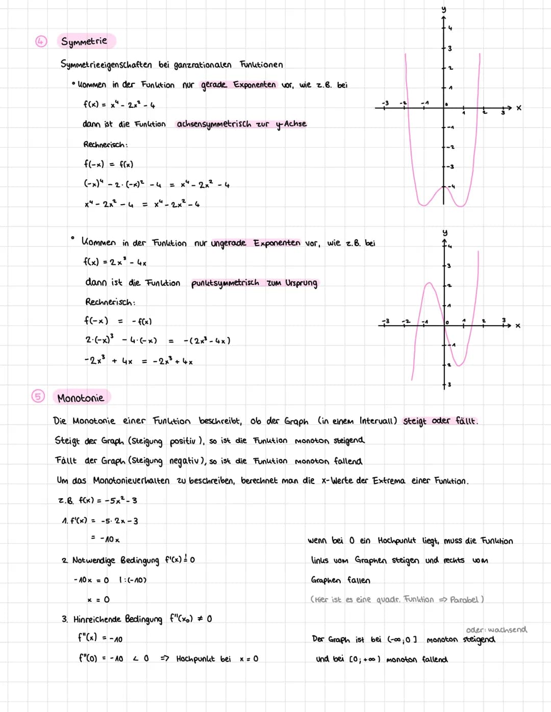 1.
Grenzverhalten
Nullstellen berechnen ax²+bx+c = 0
1. Ableitung bilden
f'(x)= 3x²+2·3x + 4
=1/3x² + 6x +4
= 2x²
+ 6x
Schnittpunkt y-Achse
