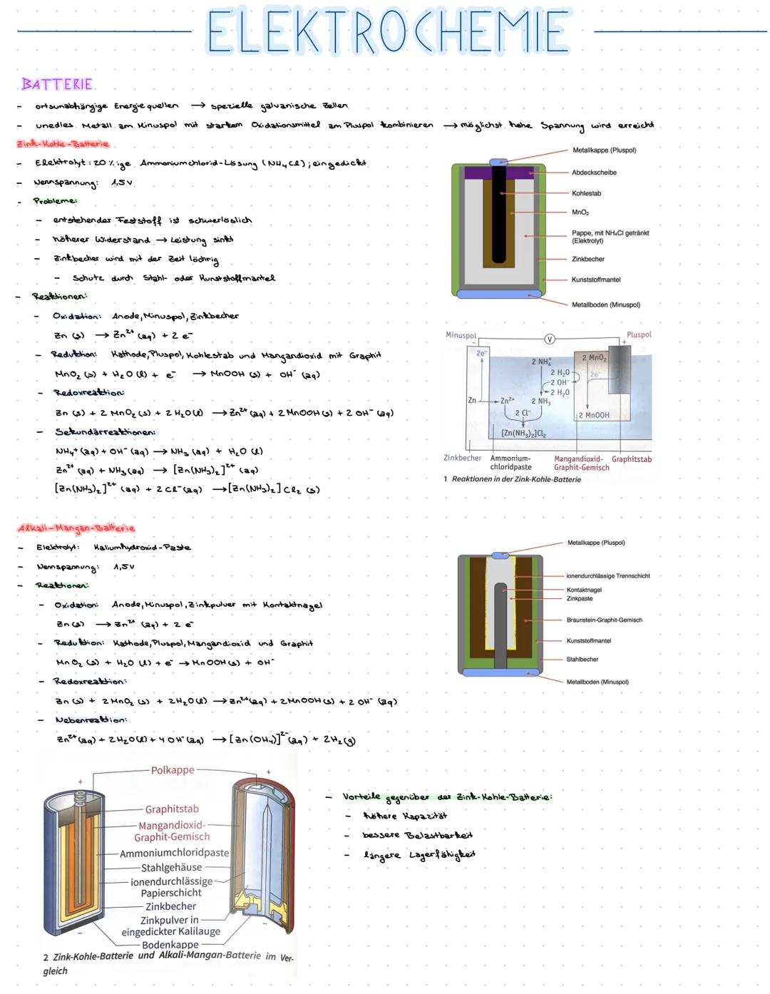 # ELEKTROCHEMIE

# BATTERIE

- ortsunabhängige Energie quellen spezielle galvanische Bellen
- unedles Metall am. Minuspol mit startem Oxidat