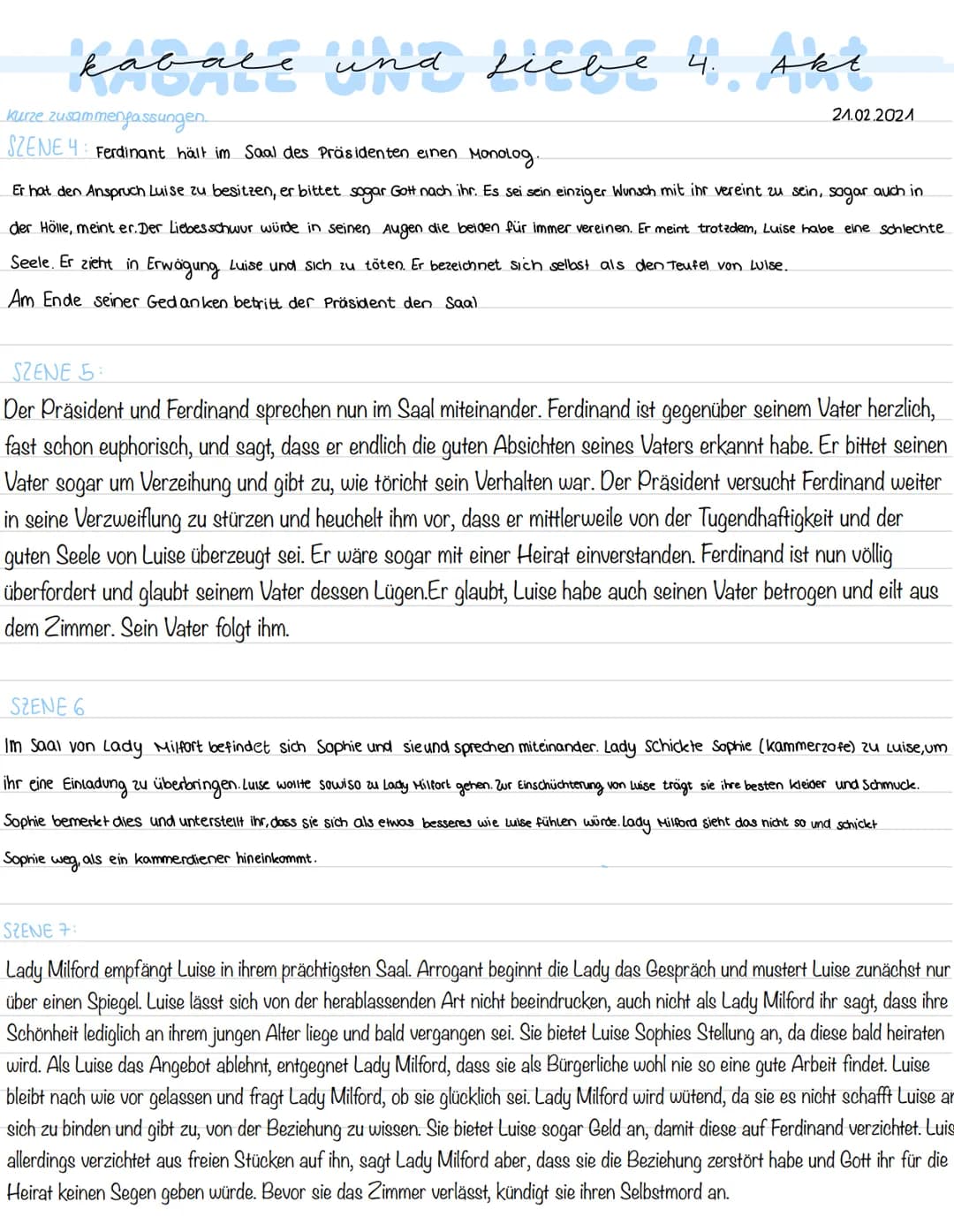 Dritter Akt
Szene 6
Luise erfährt, dass Wurm dem Präsidenten von der Beziehung mit Ferdinand erzählt hat
und von ihrem Vater geschickt wurde