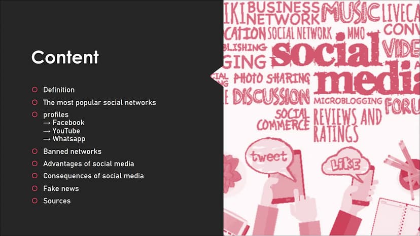 t
G+
O
Social Media
Presentation Content
Definition
The most popular social networks
O profiles
Facebook
YouTube
→ Whatsapp
Banned networks
