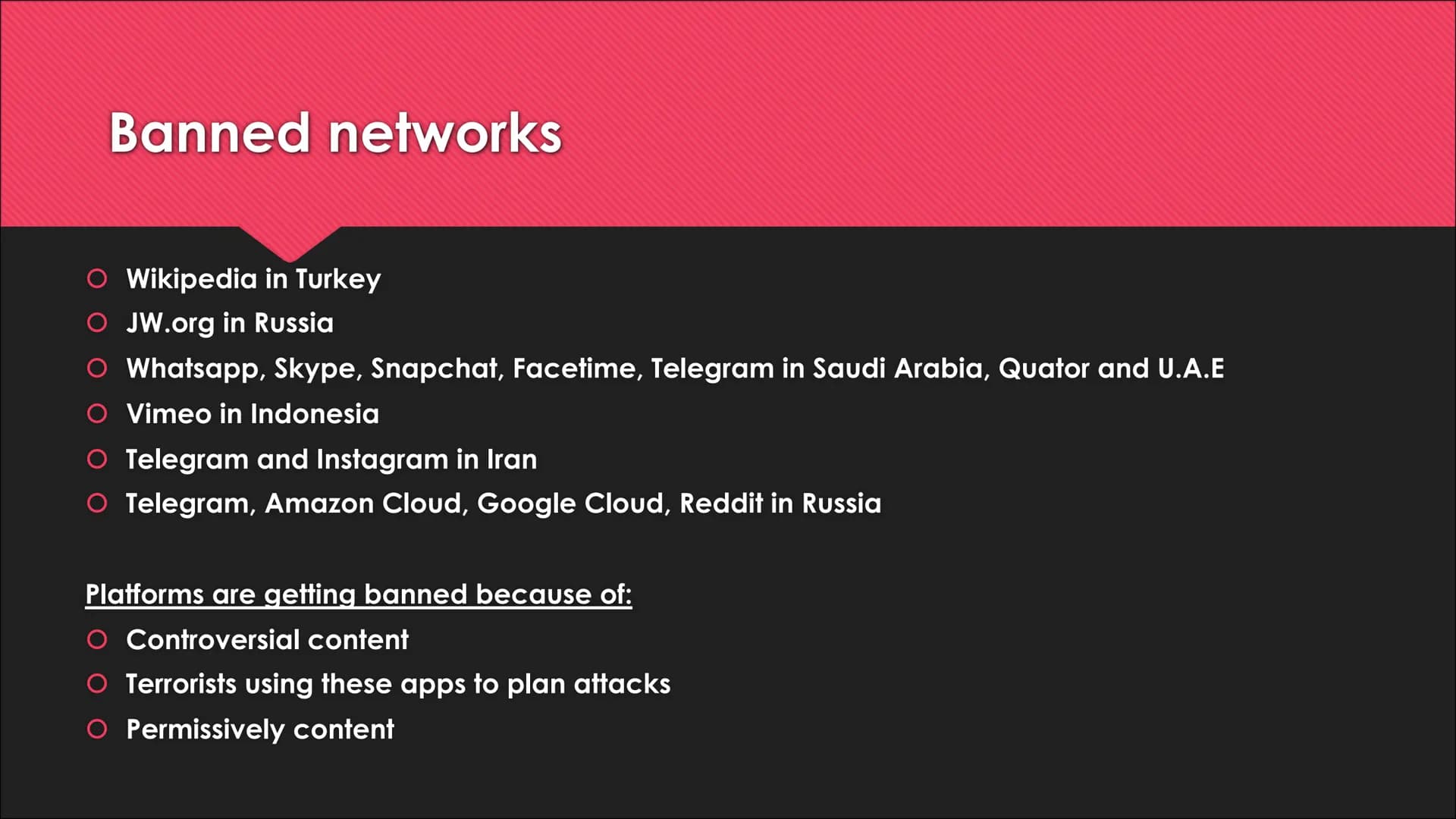t
G+
O
Social Media
Presentation Content
Definition
The most popular social networks
O profiles
Facebook
YouTube
→ Whatsapp
Banned networks
