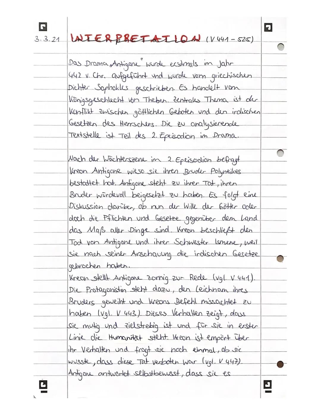 3.3.21 INTERPRETATION (V 441-525)
Das Drama, Antigone" wurde erstmals im Jahr
442 v. Chr. aufgeführt und wurde vorn griechischen
Dichter Sop