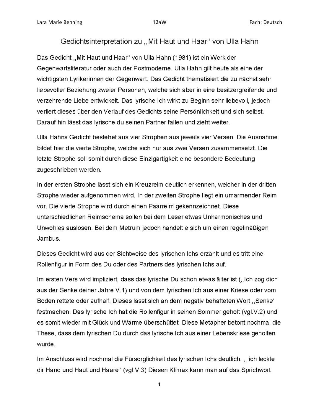 Geschichtinterpretation Ulla Hahn (Mit Haut und Haar)