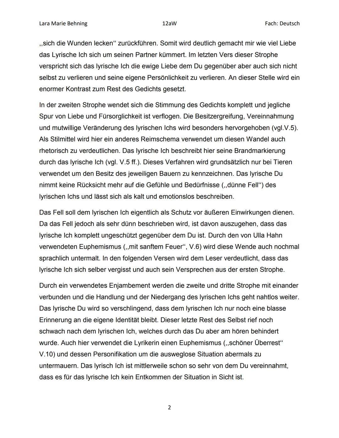 Lara Marie Behning
12aW
Fach: Deutsch
Gedichtsinterpretation zu ,,Mit Haut und Haar" von Ulla Hahn
Das Gedicht,,Mit Haut und Haar" von Ulla 