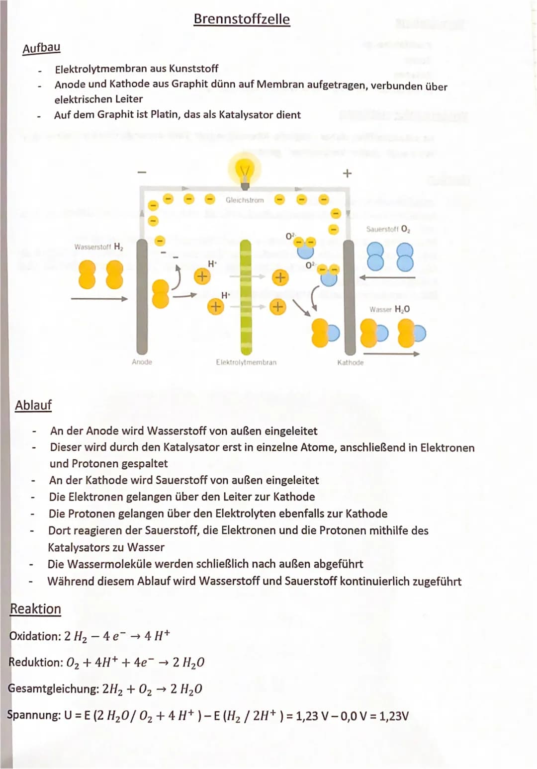 Aufbau
Ablauf
-
Elektrolytmembran aus Kunststoff
Anode und Kathode aus Graphit dünn auf Membran aufgetragen, verbunden über
elektrischen Lei