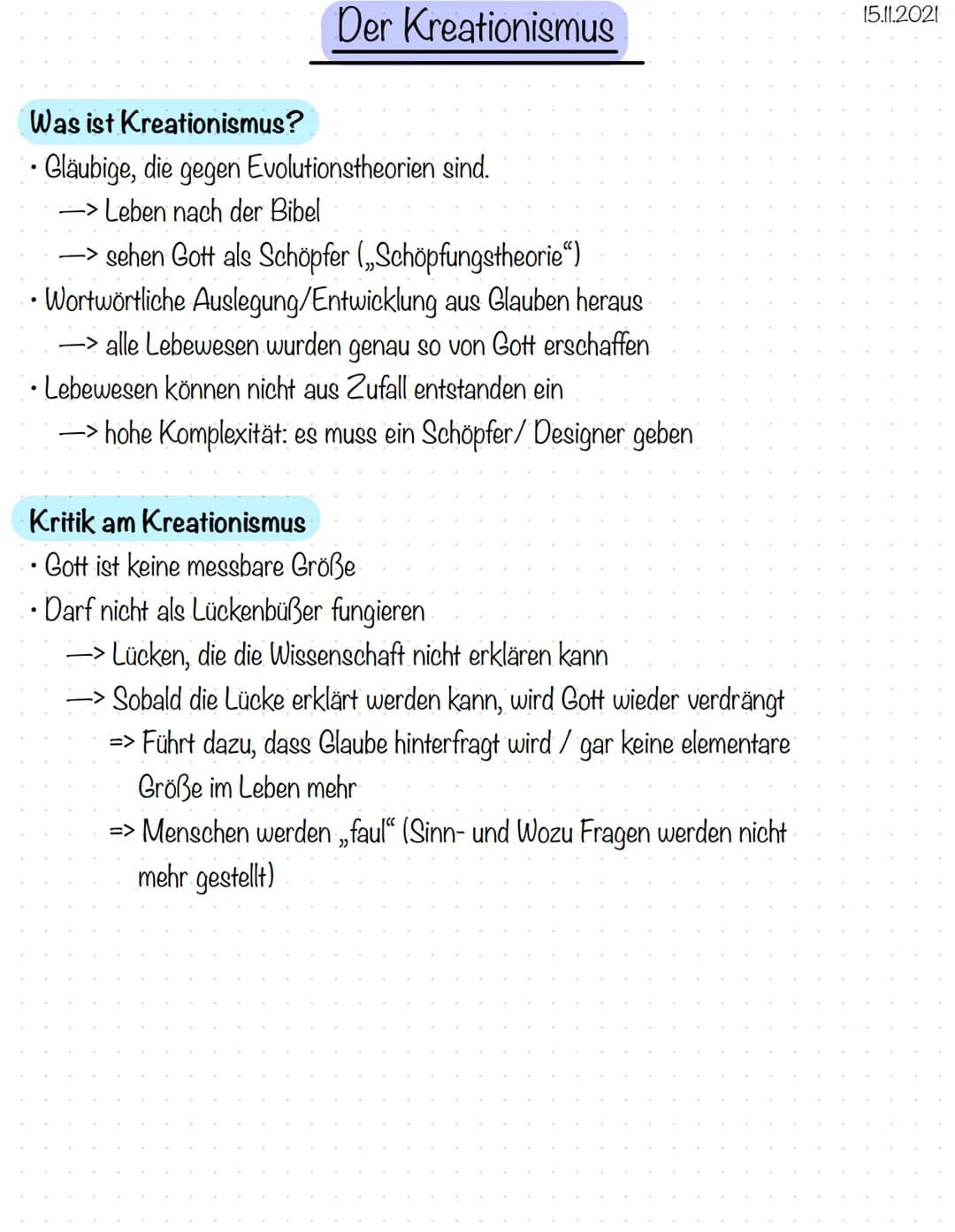 Der Kreationismus
Was ist Kreationismus?
Gläubige, die gegen Evolutionstheorien sind.
-> Leben nach der Bibel
sehen Gott als Schöpfer (Schöp