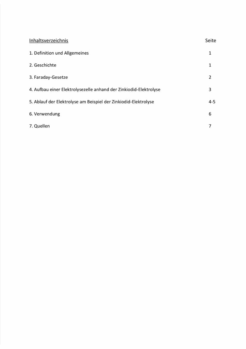 Elektrolysen
Ausarbeitung zum Thema: Elektrolysen
00.0, 15.0, 0.0%. Obrov
OO Inhaltsverzeichnis
1. Definition und Allgemeines
2. Geschichte
