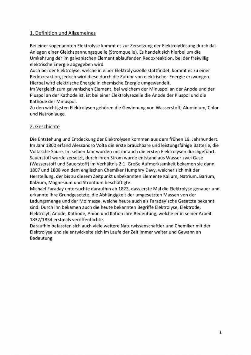 Elektrolysen
Ausarbeitung zum Thema: Elektrolysen
00.0, 15.0, 0.0%. Obrov
OO Inhaltsverzeichnis
1. Definition und Allgemeines
2. Geschichte
