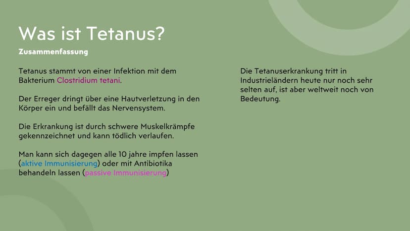 Tetanus
Wundstarrkampf
Präsentation von Lamia ●
●
Gliederung
Erreger, Art des Erregers
Bakterien Arten
Übertragungswege/Ansteckung
•
• Wirku