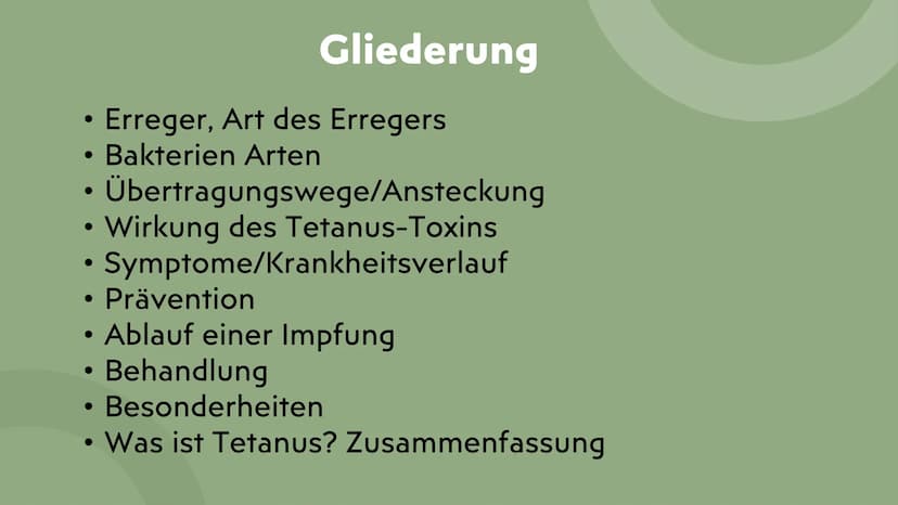 Tetanus
Wundstarrkampf
Präsentation von Lamia ●
●
Gliederung
Erreger, Art des Erregers
Bakterien Arten
Übertragungswege/Ansteckung
•
• Wirku