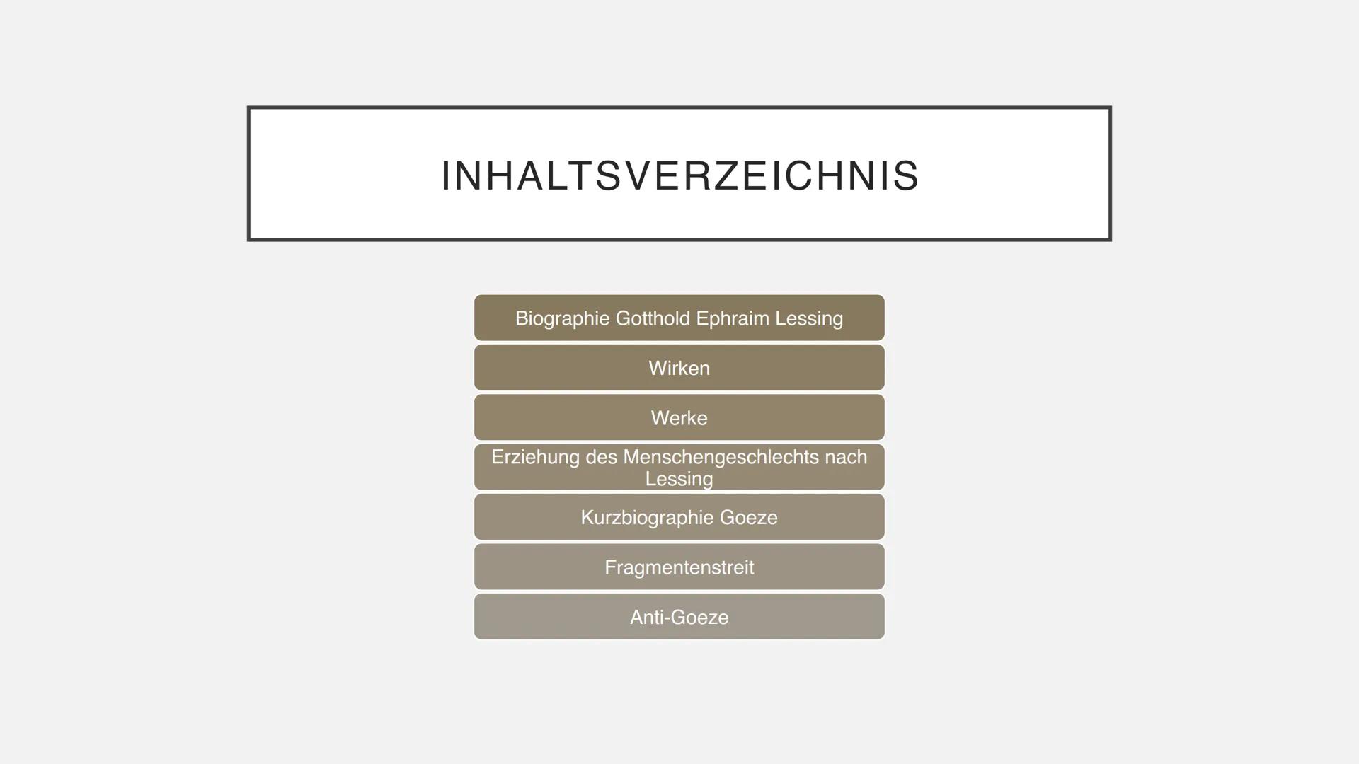 GOTTHOLD EPHRAIM LESSING INHALTSVERZEICHNIS
Biographie Gotthold Ephraim Lessing
Wirken
Werke
Erziehung des Menschengeschlechts nach
Lessing
