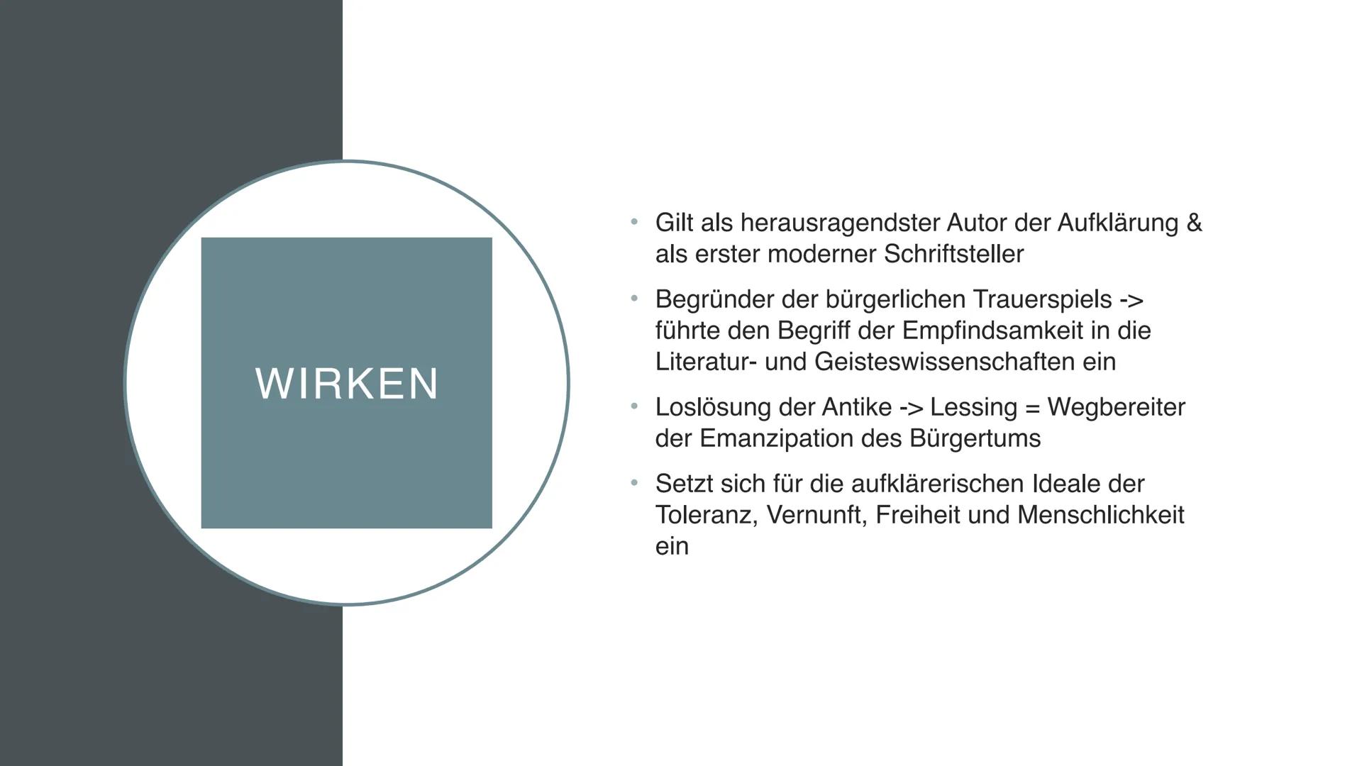 GOTTHOLD EPHRAIM LESSING INHALTSVERZEICHNIS
Biographie Gotthold Ephraim Lessing
Wirken
Werke
Erziehung des Menschengeschlechts nach
Lessing
