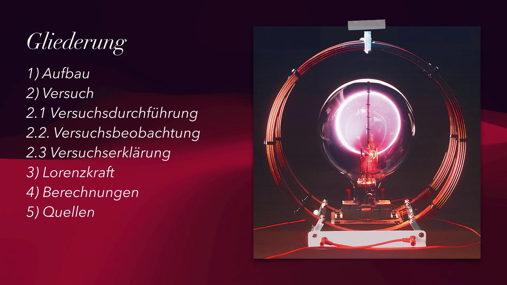 Das Fadenstrahlrohr
Versuchsaufbau zum Bestimmen der spezifischen Ladung eines
Elektrons
Thomas Jahn & Samantha-Serafine Wagner Gliederung
1