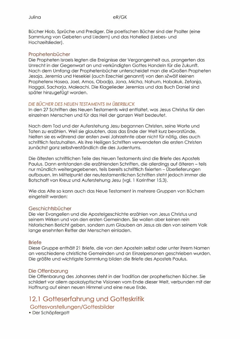 Julina
eR/GK
Abiturvorbereitung
Aufbau der Bibel
• AT/NT
• Textgattungen
• Entstehung/Übersetzung der Bibel (Martin Luther, babylonisches Ex