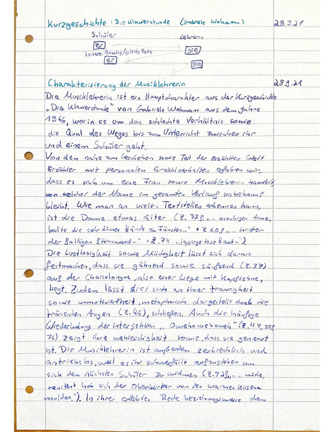 Kurzgeschichte
: Die Klavierstunde (Gabriele Wohmann)
Schüler
er
innerer Monolog/erteste Rede
er
Lehrerin
sie
um
Sie
28.9.21
Charakterisieru