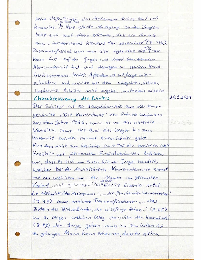 Kurzgeschichte
: Die Klavierstunde (Gabriele Wohmann)
Schüler
er
innerer Monolog/erteste Rede
er
Lehrerin
sie
um
Sie
28.9.21
Charakterisieru