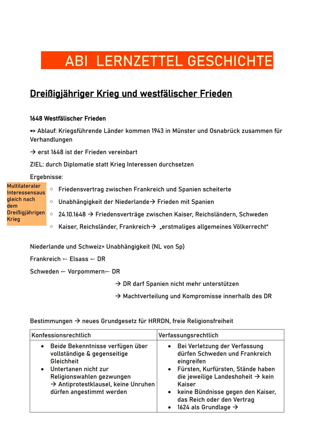 ABI LERNZETTEL GESCHICHTE
Dreißigjähriger Krieg und westfälischer Frieden
1648 Westfälischer Frieden
=> Ablauf: Kriegsführende Länder kommen