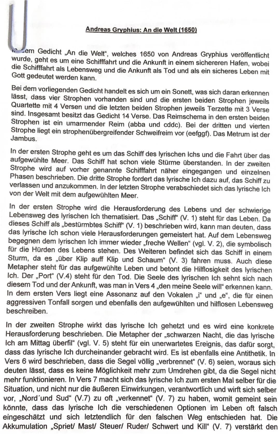 Unzufrieden
QA
Sturm
Hillsogigher
gehetzt
Q21
Zäsur
eschöpft
FT₂
Das Leben als Schifffahrt - Ein barockes Sonett analysieren
Das Leben als S