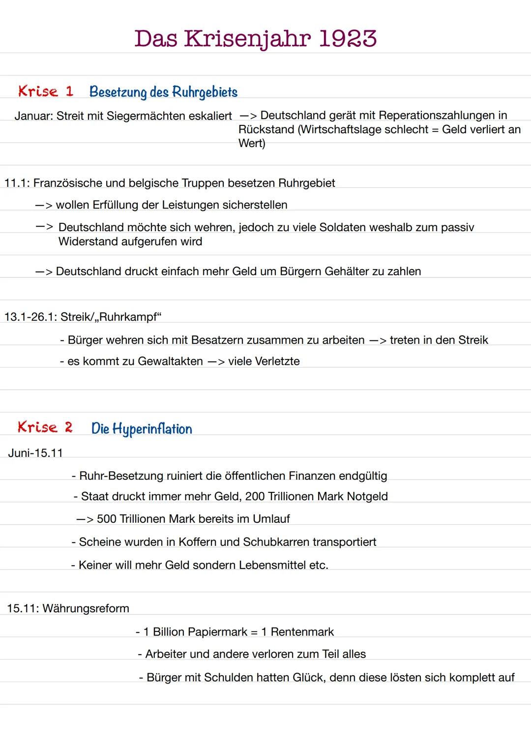 Krise 1 Besetzung des Ruhrgebiets
Januar: Streit mit Siegermächten eskaliert -> Deutschland gerät mit Reperationszahlungen in
Rückstand (Wir