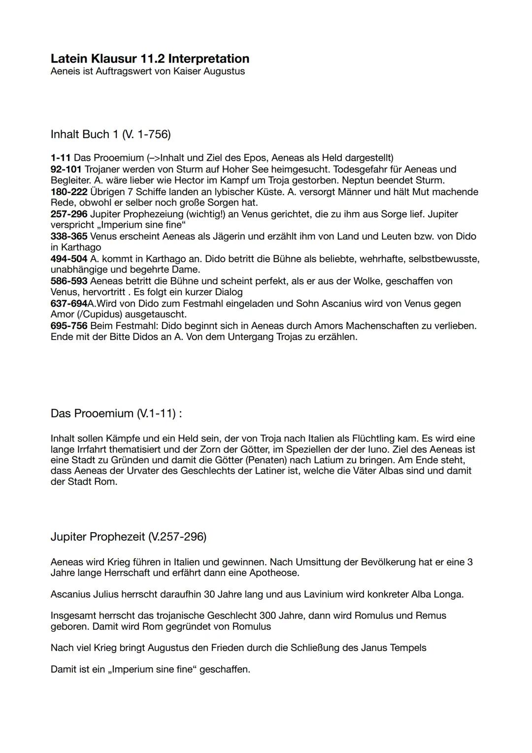 Latein Klausur 11.2 Interpretation
Aeneis ist Auftragswert von Kaiser Augustus
Inhalt Buch 1 (V. 1-756)
1-11 Das Prooemium (->Inhalt und Zie