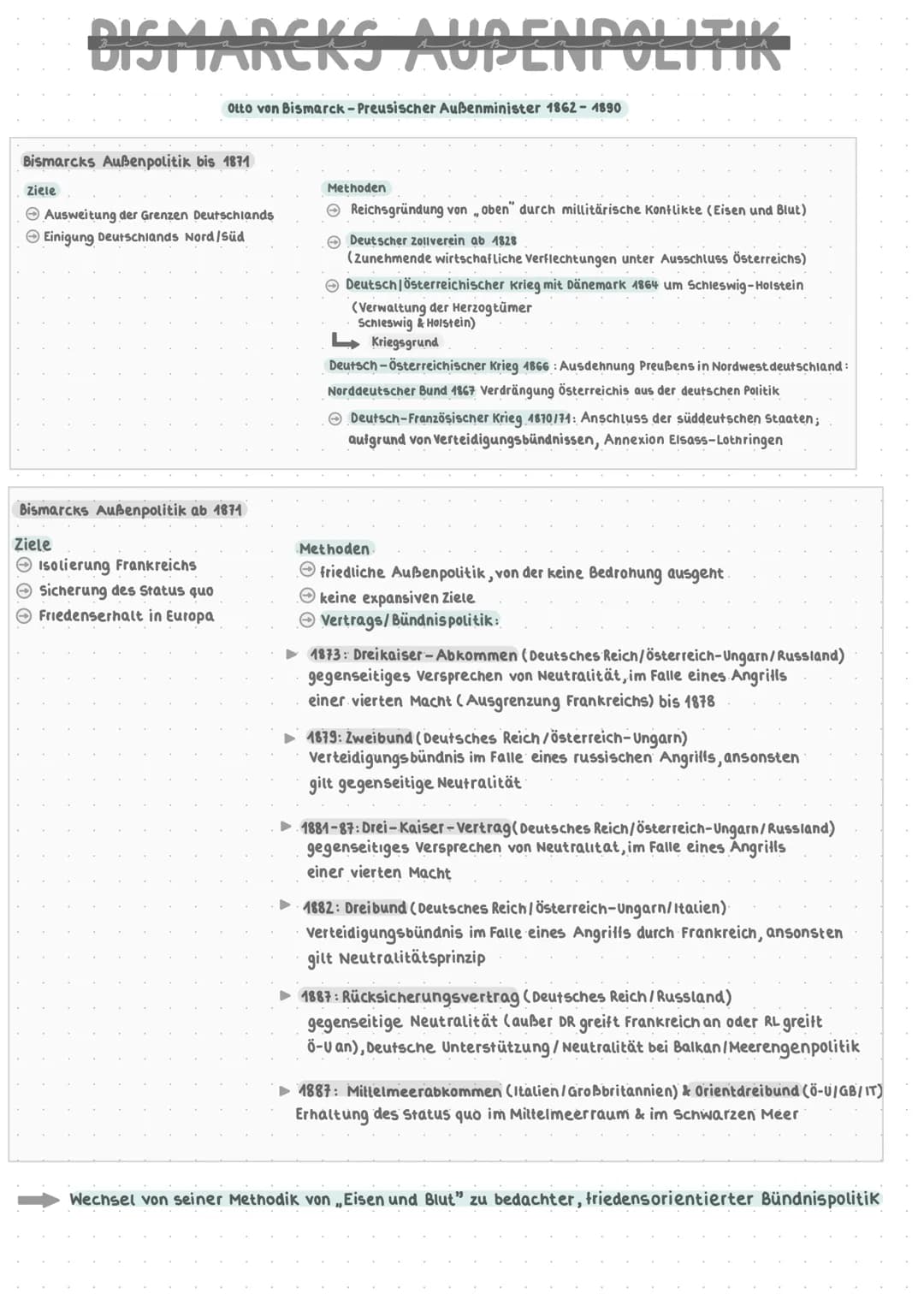 BISMARCKS AUDENPOLITIK
Bismarcks Außenpolitik bis 1871
Otto von Bismarck - Preusischer Außenminister 1862-1890
Ziele
→ Ausweitung der Grenze