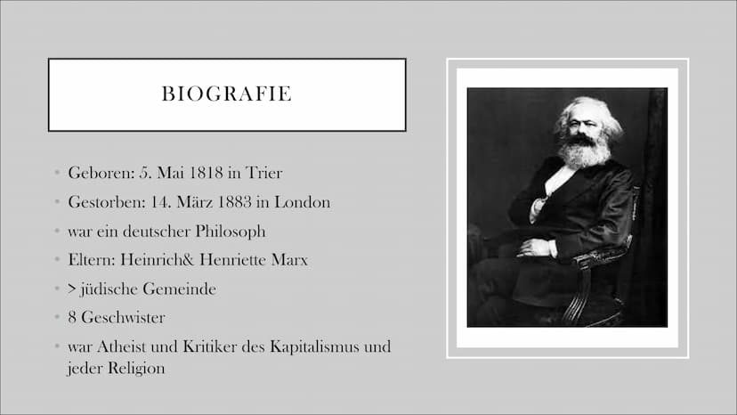 KARL MARX
GESCHICHTLICHEN&BIOGRAFISCHEN HINTERGRUND
Emily
G1 eR . Biografie
●
Lebenslauf
• Historischer Hintergrund
• Allgemeine Gesellschaf