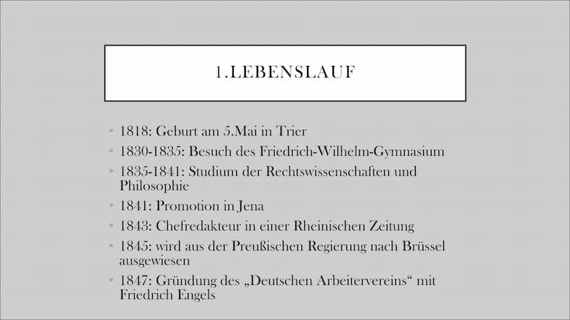 KARL MARX
GESCHICHTLICHEN&BIOGRAFISCHEN HINTERGRUND
Emily
G1 eR . Biografie
●
Lebenslauf
• Historischer Hintergrund
• Allgemeine Gesellschaf