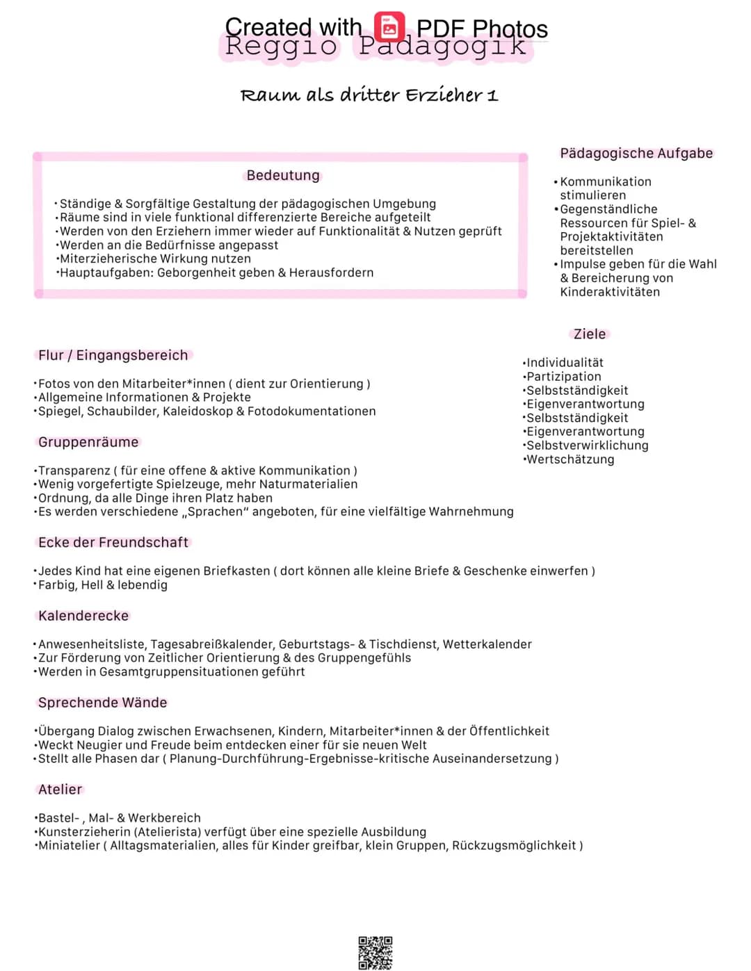 Created with, PDF Photos
Reggio Padagogik
Raum als dritter Erzieher 1
Bedeutung
•Ständige & Sorgfältige Gestaltung der pädagogischen Umgebun
