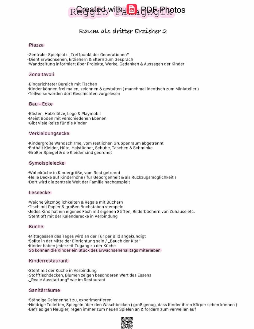 Created with, PDF Photos
Reggio Padagogik
Raum als dritter Erzieher 1
Bedeutung
•Ständige & Sorgfältige Gestaltung der pädagogischen Umgebun