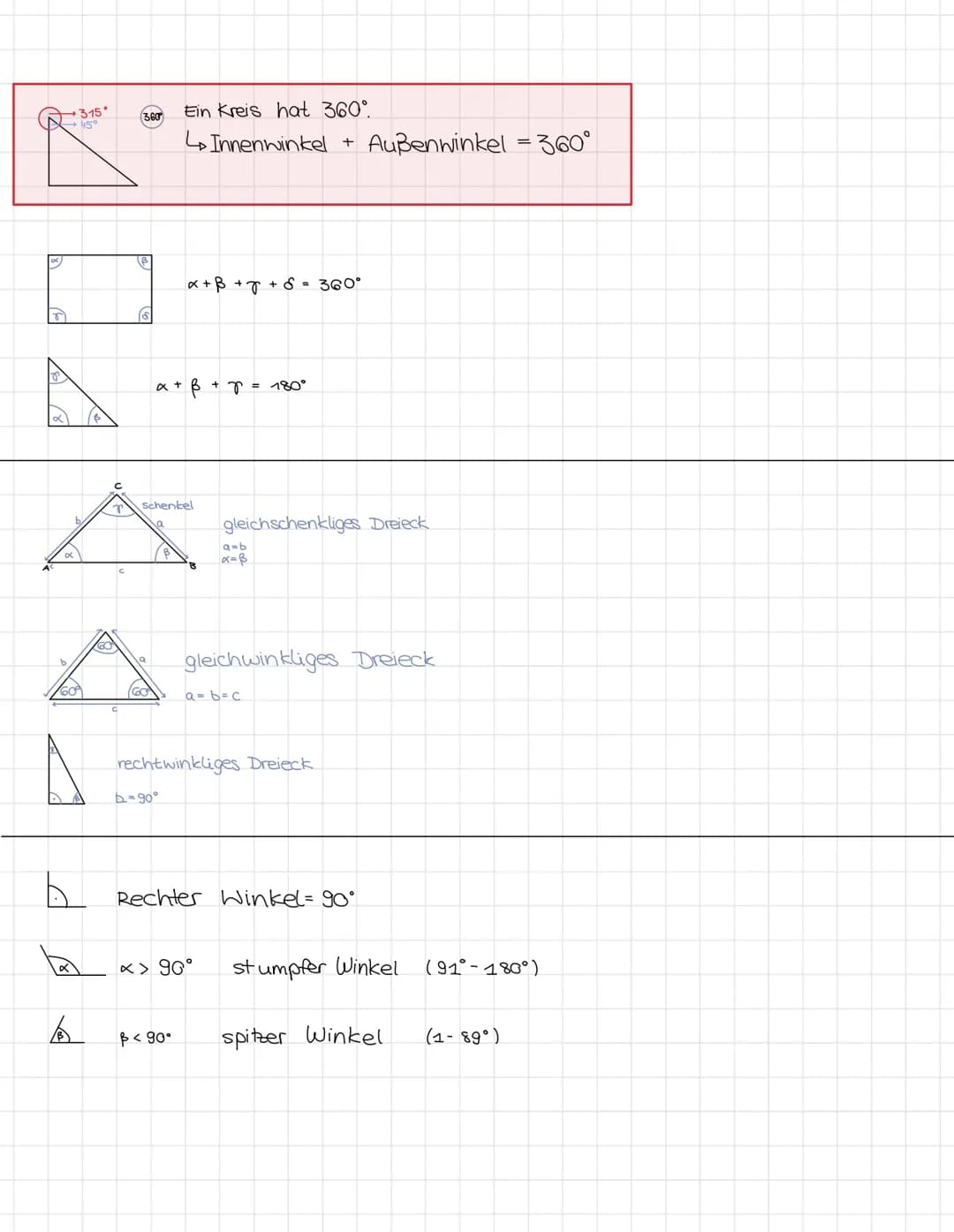315°
45°
60%
A
C
360
(6
GO
x +
a
Schenkel
Ein Kreis hat 360°.
Innenwinkel
b=90°
+ ß
x + B + + 6 = 360°
$< 90°
+ 8 = 180°
gleichschenkliges D
