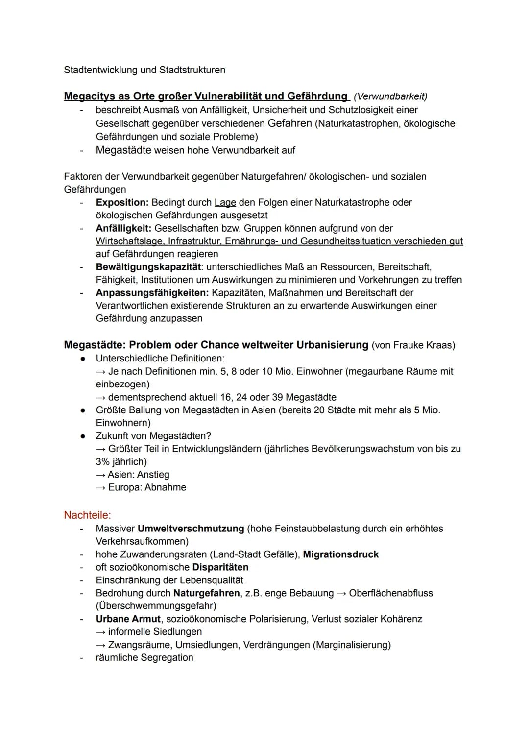 Stadtentwicklung und Stadtstrukturen
Megacitys as Orte großer Vulnerabilität und Gefährdung (Verwundbarkeit)
beschreibt Ausmaß von Anfälligk
