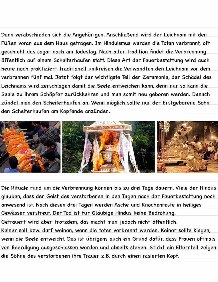 Tod und Trauer im Hinduismus
Jeder Mensch wird einmal sterben. Doch was kommt danach? Ewiges Leben im
Himmel? Oder doch Verdammnis in der Hö