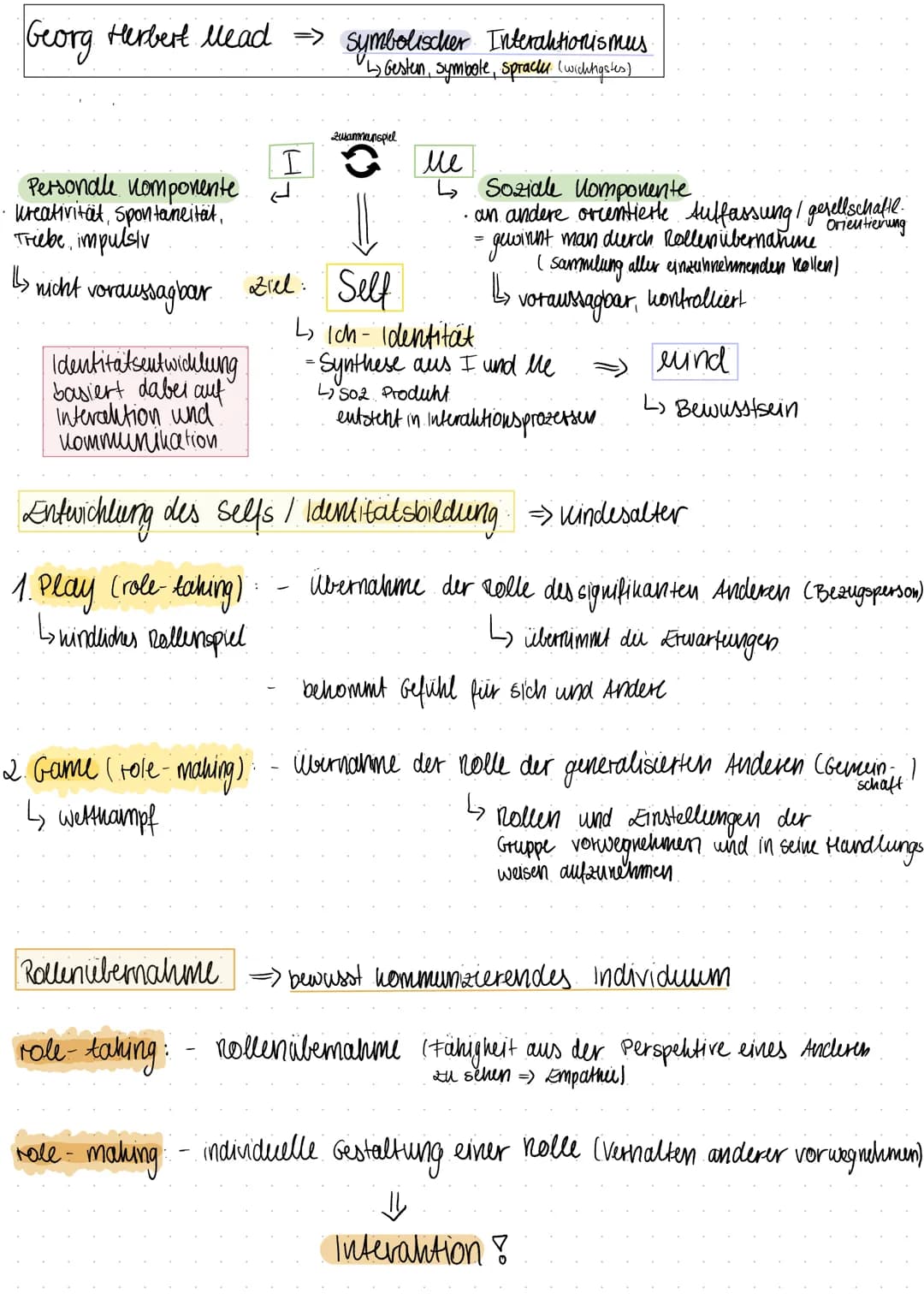 Georg Herbert Mead => symbolischer Interaktionismus
↳ Gesten, symbole, sprach (wichtigstes)
I
Personale komponente d
• Kreativität, spontane