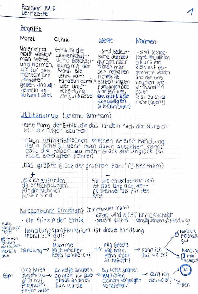 Know Zusammenfassung KA 2, 10. Klasse, Werte, Moral, Ethik, Utilitarismus, Kategorischer Imperativ, Buddhismus, Bonhoeffers Verantwortungsethik, Pränataldiagnostik, etc. thumbnail