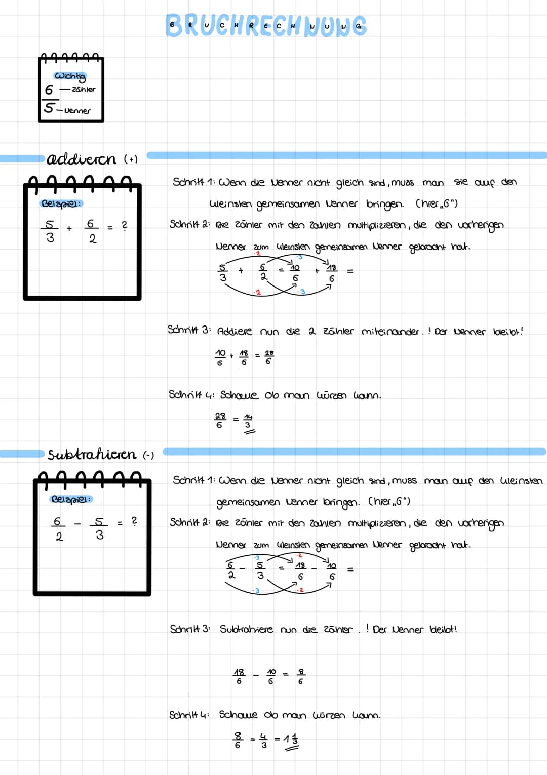 Wichtig
6 -Zähler
5-
-venner
addieren (+)
ممممم
Beispiel:
S
3
+
6
6
2
2
Subtrahieren (-)
Beispiel:
w/ar
?
S = ?
3
BRUCHRECHNUNG
Schritt 1: W