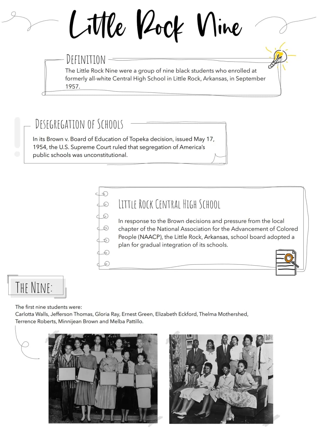 Little Rock Nine
-DEFINITION
The Little Rock Nine were a group of nine black students who enrolled at
formerly all-white Central High School