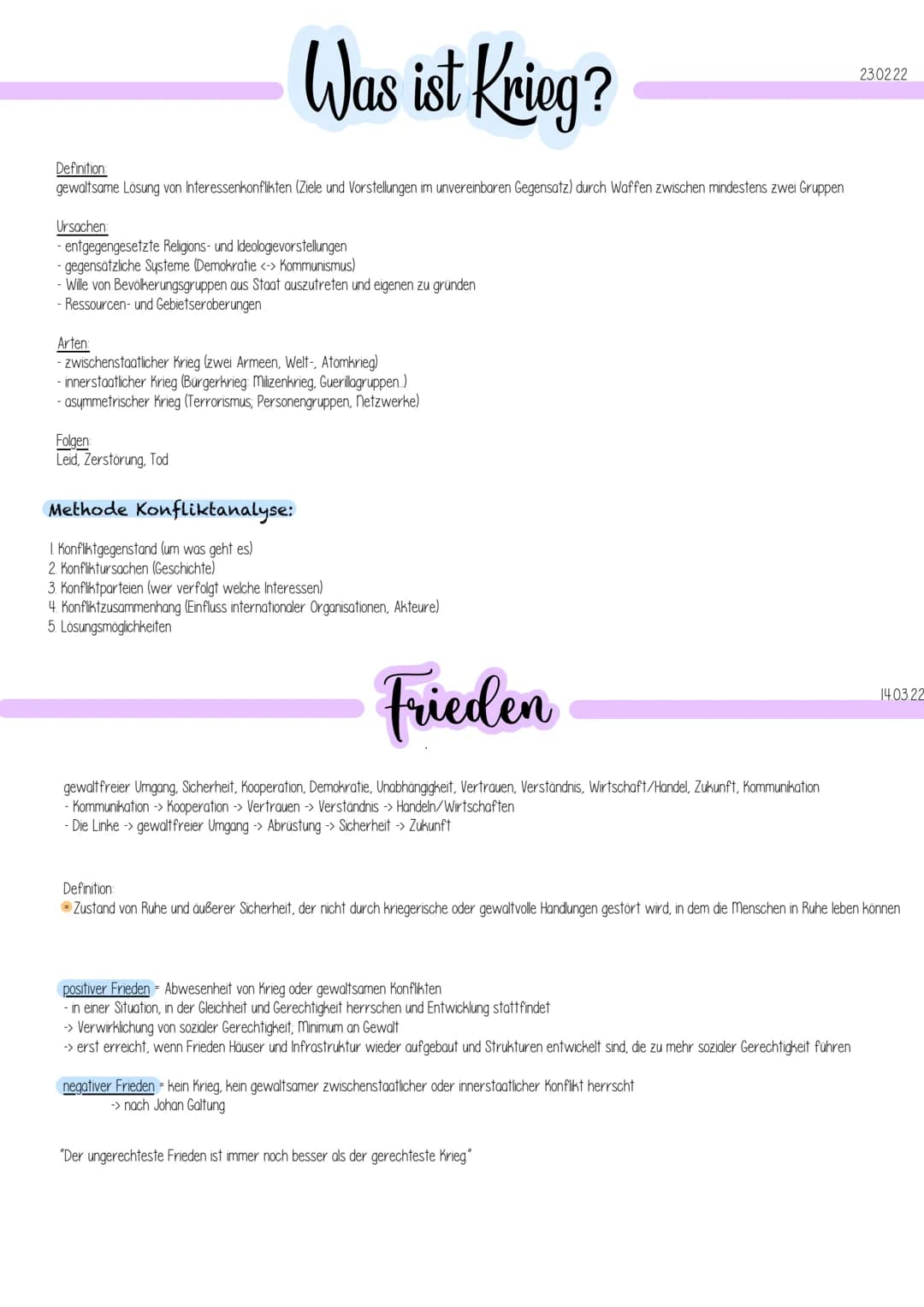 Definition:
gewaltsame Lösung von Interessenkonflikten (Ziele und Vorstellungen im unvereinbaren Gegensatz) durch Waffen zwischen mindestens