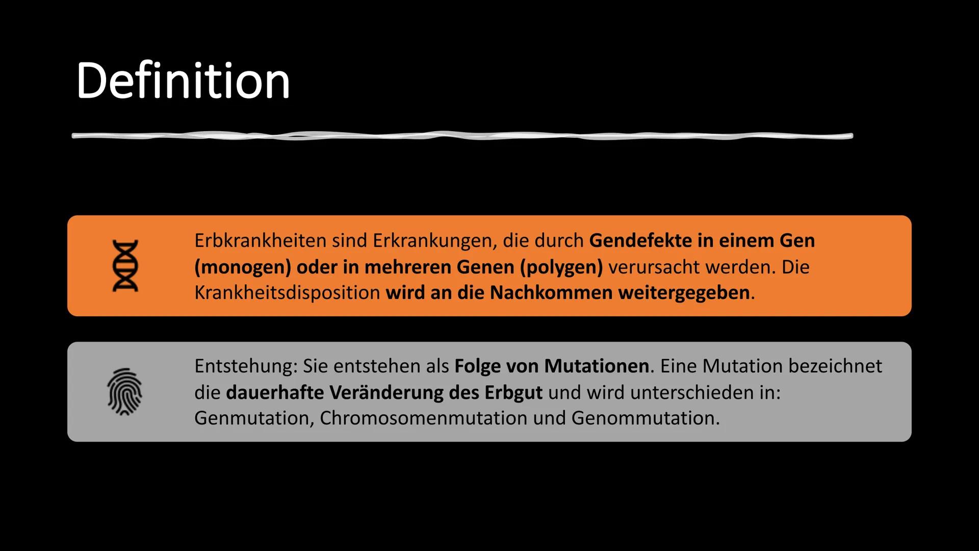 Erbkrankheiten Gliederung
• Was sind Erbkrankheiten?
Wie entstehen sie?
• Arten der Mutation
●
●
●
Die drei Unterteilungen der
Erbkrankheite
