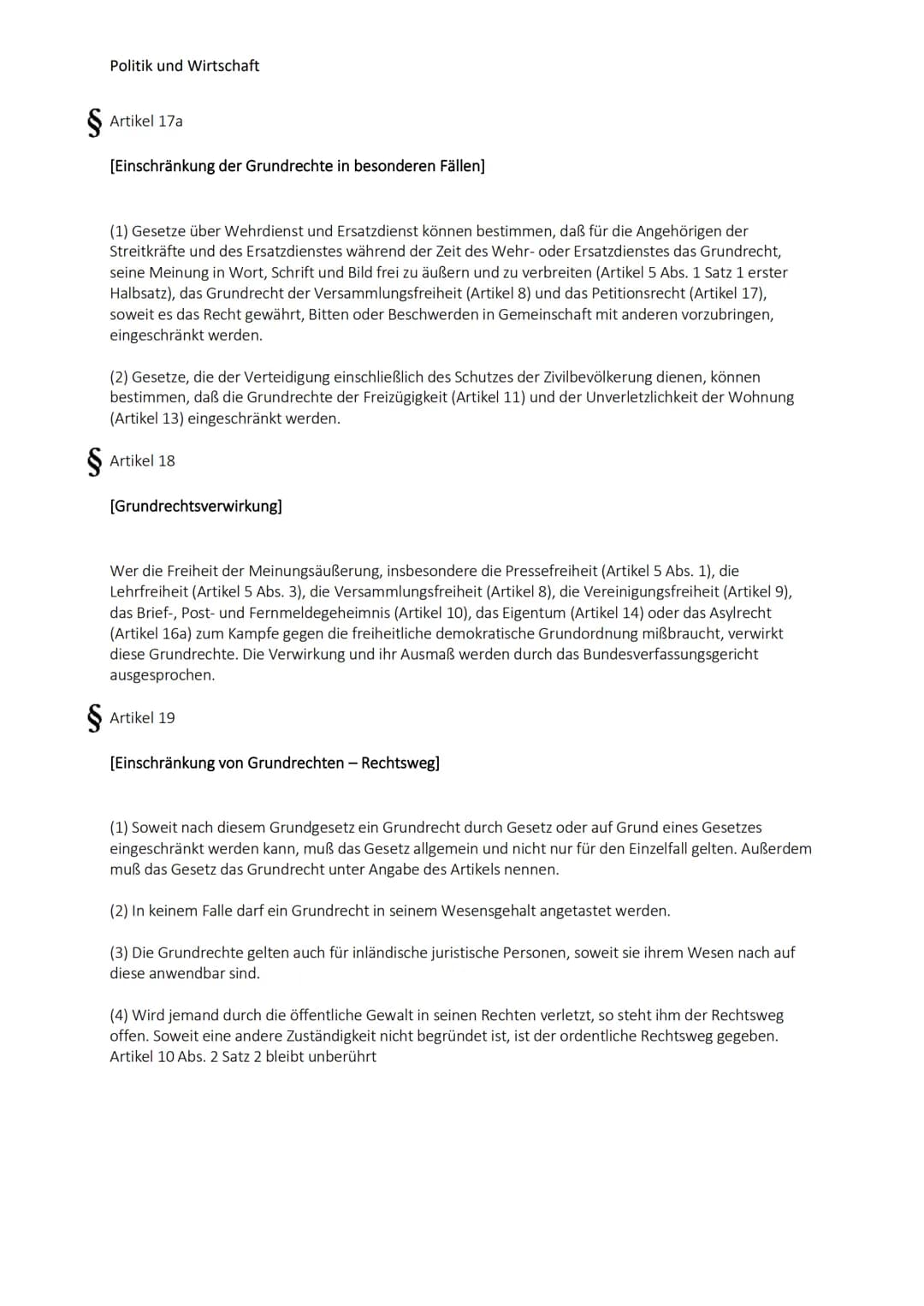 Politik und Wirtschaft
Grundgesetze
Artikel 1
[Menschenwürde - Menschenrechte - Rechtsverbindlichkeit der Grundrechte]
Die Würde des Mensche